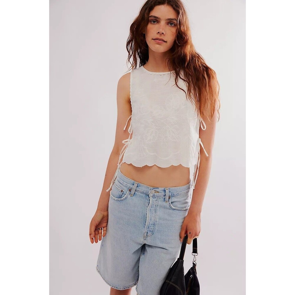 Free People Faded Gardens Tank Cropped Top Floral Embroidered Cotton XL 288916